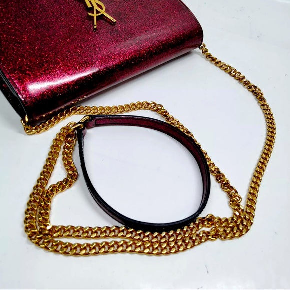 Auth Saint Laurent Ruby Patent Glitter Wallet On Chain Kate Clutch Shoulder Bag - Picture 4 of 10